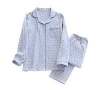 pyjama damen baumwolle langarm, Pyjama Damen Set Lang V Ausschnitt Hausanzug Loungewear mit Knopfleiste Winter Pijamas Weich 2-Teiliges Schlafanzug Schlafanzüge Langarm Oberteil Pjama, Blau, M