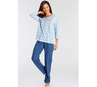 Pyjama, Damen, Gr. 32/34, blau (blau gestreift), Single Jersey, Obermaterial: 100% Baumwolle, VIVANCE DREAMS BY LASCANA, gestreift, bequem lang, Rundhals, eingesetzt abgesteppt, Homewear-Sets Pyjama, 