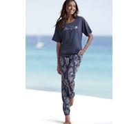 Pyjama, Damen, Gr. 32/34, blau (dunkelblau, gemustert), Single Jersey, Obermaterial: 60% Baumwolle, 40% Polyester, VIVANCE DREAMS BY LASCANA, gemustert, unifarben, bequem lang, Rundhals, abgesteppt, H