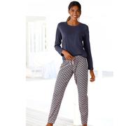 Pyjama VIVANCE DREAMS, Damen, Gr. 32/34, blau (dunkelblau, gemustert), Single Jersey, Obermaterial: 100% Baumwolle, gemustert, Basic, bequem lang, Rundhals, eingesetzt, Homewear-Sets Pyjama, mit gemus