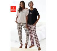 Pyjama, Damen, Gr. 32/34, bunt (schwarz, schwarz, weiß, kariert, rosa, rosa, schwarz, kariert), Single Jersey, Obermaterial: 100% Baumwolle, VIVANCE DREAMS BY LASCANA, loose fit lang, Rundhals, einges