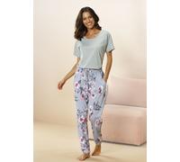 Pyjama, Damen, Gr. 32/34, grün (mint, grau), Single Jersey, Obermaterial: 100% Baumwolle, VIVANCE DREAMS BY LASCANA, geblümt, Basic, bequem lang, Rundhals, angeschnitten, Homewear-Sets Pyjama, mit Blu