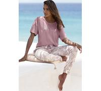 Pyjama, Damen, Gr. 32/34, lila (mauve, gemustert), Single Jersey, Obermaterial: 60% Baumwolle, 40% Polyester, VIVANCE DREAMS BY LASCANA, gemustert, unifarben, bequem lang, Rundhals, abgesteppt, Homewe