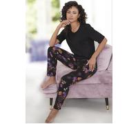 Pyjama, Damen, Gr. 32/34, schwarz (schwarz geblümt), Single Jersey, Obermaterial: 50% Baumwolle, 50% Viskose, VIVANCE DREAMS BY LASCANA, geblümt, Basic, bequem lang, Rundhals, abgesteppt, Homewear-Set