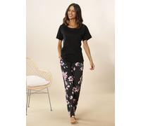 Pyjama, Damen, Gr. 32/34, schwarz, Single Jersey, Obermaterial: 100% Baumwolle, VIVANCE DREAMS BY LASCANA, geblümt, Basic, bequem lang, Rundhals, angeschnitten, Homewear-Sets Pyjama, mit Blumendruck (