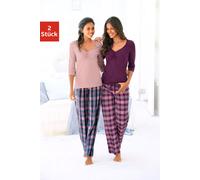 Pyjama, Damen, Gr. 36/38, bunt (rosa, kariert, bordeaux, kariert), Single Jersey, Obermaterial: 100% Baumwolle, VIVANCE DREAMS BY LASCANA, gemustert, unifarben, Basic, lang, Homewear-Sets Pyjama, mit 