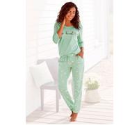 Pyjama, Damen, Gr. 36/38, grün (jade, gemustert), Single Jersey, Obermaterial: 100% Baumwolle, VIVANCE DREAMS BY LASCANA, geblümt, Basic, bequem lang, Rundhals, eingesetzt, Homewear-Sets Pyjama, mit G