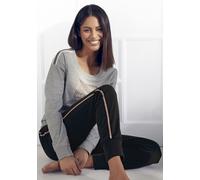 Pyjama VIVANCE DREAMS, Damen, Gr. 36/38, schwarz (graumeliert, schwarz), Single Jersey, Obermaterial: 100% Baumwolle, bedruckt, kontrastfarbene Details, Basic lang, Rundhals, Homewear-Sets Pyjama, mit