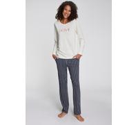 Pyjama, Damen, Gr. 36/38, weiß (weiß, dunkelblau, gestreift), Single Jersey, Obermaterial: 50% Baumwolle, 50% Viskose, VIVANCE DREAMS BY LASCANA, Basic lang, Rundhals, Homewear-Sets Pyjama, mit schöne