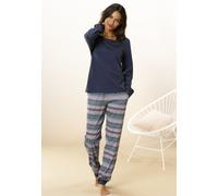 Pyjama, Damen, Gr. 40/42, blau (navy), Single Jersey, Obermaterial: 100% Baumwolle, VIVANCE DREAMS BY LASCANA, ethno, Basic, loose fit lang, Rundhals, eingesetzt, Homewear-Sets Pyjama, mit buntem Zick