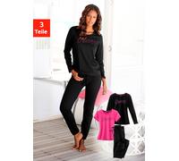 Pyjama, Damen, Gr. 40/42, pink (pink, schwarz), Single Jersey, Obermaterial: 100% Baumwolle, VIVANCE DREAMS BY LASCANA, unifarben, Basic lang, Rundhals, Homewear-Sets Pyjama, mit Frontschriftzug (4469