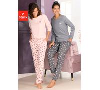 Pyjama, Damen, Gr. 40/42, taupe, rosa, Single Jersey, Obermaterial: 100% Baumwolle, VIVANCE DREAMS BY LASCANA, gemustert, Basic lang, Rundhals, Homewear-Sets Pyjama, mit süßem Herzmuster (87376766-40)
