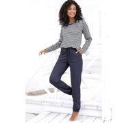 Pyjama, Damen, Gr. 44/46, blau (dunkelblau), Single Jersey, Obermaterial: 100% Baumwolle, VIVANCE DREAMS BY LASCANA, bestickt, gestreift, Basic, bequem lang, Rundhals, Raglanärmel, Homewear-Sets Pyjam