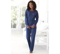 Pyjama, Damen, Gr. 44/46, blau (jeansblau, meliert), Single Jersey, Obermaterial: 60% Baumwolle, 40% Polyester, VIVANCE DREAMS BY LASCANA, kontrastfarbene Details, meliert, unifarben mit Farbeinsätzen