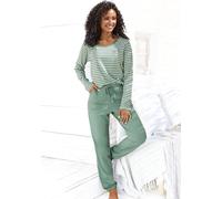 Pyjama, Damen, Gr. 44/46, grün, Single Jersey, Obermaterial: 100% Baumwolle, VIVANCE DREAMS BY LASCANA, bestickt, gestreift, Basic, bequem lang, Rundhals, Raglanärmel, Homewear-Sets Pyjama, mit garnge