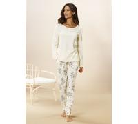 Pyjama, Damen, Gr. 48/50, beige, Single Jersey, Obermaterial: 100% Baumwolle, VIVANCE DREAMS BY LASCANA, geblümt, Basic, bequem lang, Rundhals, Rippbündchen, Homewear-Sets Pyjama, mit feinem Blumenpri
