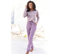 Pyjama, Damen, Gr. 52/54, lila, Single Jersey, Obermaterial: 100% Baumwolle, VIVANCE DREAMS BY LASCANA, bestickt, gestreift, Basic, bequem lang, Rundhals, Raglanärmel, Homewear-Sets Pyjama, mit garnge
