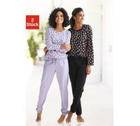Pyjama, Damen, Gr. 56/58, lila (flieder, schwarz), Single Jersey, Obermaterial: 100% Baumwolle, VIVANCE DREAMS BY LASCANA, Basic, Basic lang, Rundhals, eingesetzt, Homewear-Sets Pyjama, mit Sternenmus