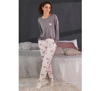 Pyjama, Damen, Gr. 56/58, rosa (grau, rosa), Single Jersey, Obermaterial: 60% Baumwolle, 40% Polyester, VIVANCE DREAMS BY LASCANA, gemustert, Basic, loose fit lang, Rundhals, eingesetzt angesetztes Bü