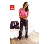 Pyjama, Damen, Gr. 56/58, schwarz (pink, schwarz, gemustert), Single Jersey, Obermaterial: 100% Baumwolle, VIVANCE DREAMS BY LASCANA, bedruckt, mehrfarbig, Basic, Basic lang, V-Ausschnitt, Blende, Hom