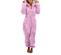 Pyjama Damen, Jumpsuit Damen Onesie Teddy Fleece Schlafanzug Kuschelig Einteiler Plüsch Lang Eingebauter Augenmaske Schlafoverall Weich Pyjama Mit Kapuze Winter Hausanzug, Lila