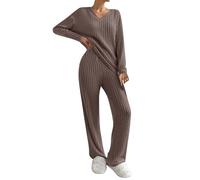 Pyjama Damen Lang, Schlafanzug Damen Lang Pyjama Set V-Ausschnitt Gestricktes Hausanzug Zweiteiler Strickhose AUD Strickpullover Sportanzug Mit Taschen Loungewear Yoga-Sets 2 Stück, Braun