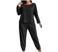 Pyjama Damen Lang Schlafanzug Langarm Schlafshirt + Pyjamahose Baumwolle Hausmantel Baggy Elastizität Loungewear Bequem Gemütliche Freizeitanzug Sleepwear Elegant Weich Oversized Pyjama Set