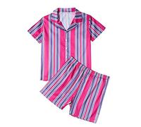 Pyjama Damen Satin Kurz Schlafanzug 3/4 Arm Sommer Morgenmantel Satin