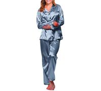 Pyjama Damen Satin Langarm | Satin Schlafanzug Damen Lang Nachtwäsche | Loungewear Set Elegant Seidenpyjama Revers Silk-Pyjama Große Größen Hausanzug Mit Knöpfen Sleepshirt Lässige Zweiteiliger