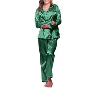 Pyjama Damen Satin Langarm | Satin Schlafanzug Damen Lang Nachtwäsche | Loungewear Set Elegant Seidenpyjama Revers Silk-Pyjama Große Größen Hausanzug Mit Knöpfen Sleepshirt Lässige Zweiteiliger