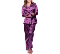 Pyjama Damen Satin Langarm | Satin Schlafanzug Damen Lang Nachtwäsche | Loungewear Set Elegant Seidenpyjama Revers Silk-Pyjama Große Größen Hausanzug Mit Knöpfen Sleepshirt Lässige Zweiteiliger