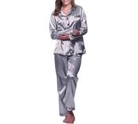 Pyjama Damen Satin Langarm | Satin Schlafanzug Damen Lang Nachtwäsche | Loungewear Set Elegant Seidenpyjama Revers Silk-Pyjama Große Größen Hausanzug Mit Knöpfen Sleepshirt Lässige Zweiteiliger