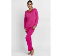 Pyjama DORINA "Origins", Damen, Gr. L, pink, pink, Jersey, Obermaterial: 94% Acetat, 6% Elasthan, unifarben, bequem lang, V-Ausschnitt, Homewear-Sets Pyjama, Spitze, weich, Langarm, bequem, feminin (1