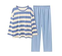 Pyjama für Damen, Winter, warm, für den Winter, für den Innenbereich, 2023, Nachtwäsche, 2-teilig, bequem, Nachtwäsche, Schlafanzug, Langarm, lange Hose, Baumwolle, Sleepwear, blau, 42