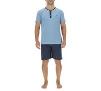 Pyjama für Herren, kurz, Baumwolle, Nachtwäsche, Set aus T-Shirt und Shorts, Hellblau/Marineblau, L