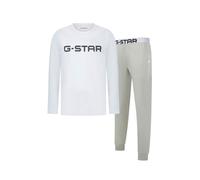 Pyjama G-STAR "STONE, LONG SLEEVE T-SHIRT & CUFFED PANTS SLEEP SET", Herren, Gr. M, weiß (hellweiß, grau marl), Jersey, Obermaterial: 95% Baumwolle, 5% Elasthan, unifarben, regular fit lang, Rundhals,