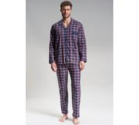 Pyjama GÖTZBURG "Clubhouse", Damen, Gr. 50 (M), blau (blau, dunkel, karo), Popeline, Obermaterial: 100% Baumwolle, kariert, bequem lang, V-Ausschnitt, ohne Bündchen, Homewear-Sets Pyjama, Langarm, V-A