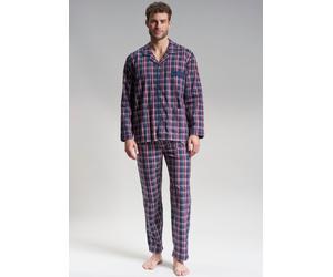 Pyjama GÖTZBURG "Clubhouse", Herren, Gr. 54 (XL), blau (blau, dunkel, karo), Popeline, Obermaterial: 100% Baumwolle, kariert, bequem lang, V-Ausschnitt, ohne Bündchen, Homewear-Sets Pyjama, Langarm, V
