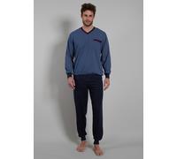 Götzburg Herrenpyjama Manhattan – V-Ausschnitt, 100% Baumwolle, bedruckt, lang, blau Gr. 54 (XL)
