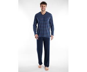 Pyjama GÖTZBURG "Midtown", Herren, Gr. 50, blau, mittel, ringel, Single Jersey, Obermaterial: 60% Baumwolle, 40% Polyester, bequem lang, V-Ausschnitt, gerader Abschluss, Homewear-Sets Pyjama, gestreif