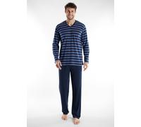 Pyjama GÖTZBURG "Midtown", Herren, Gr. 54, blau (blau, mittel, ringel), Single Jersey, Obermaterial: 60% Baumwolle, 40% Polyester, bequem lang, V-Ausschnitt, gerader Abschluss, Homewear-Sets Pyjama, g