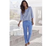 Pyjama H.I.S, Damen, Gr. 40/42, blau, Single Jersey, Obermaterial: 95% Baumwolle, 5% Elasthan, bestickt, gestreift, Basic, loose fit lang, Rundhals, Homewear-Sets Pyjama, mit Logostickerei auf der Bru