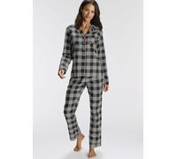 Pyjama H.I.S, Damen, Gr. 40, schwarz-weiß (schwarz, kariert), Flanell, Obermaterial: 100% Baumwolle, kariert, Basic normal, V-Ausschnitt, Manschette kontrastfarben, Homewear-Sets Pyjama, aus Flanell m
