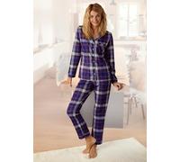 Pyjama H.I.S, Damen, Gr. 42, blau (blau, kariert), Flanell, Obermaterial: 100% Baumwolle, Basic normal, V-Ausschnitt, Manschette kontrastfarben, Homewear-Sets Pyjama, aus Flanell mit Allover-Karomuste