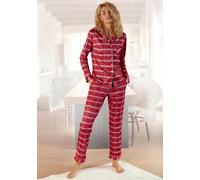 Pyjama H.I.S, Damen, Gr. 44, rot (rot, kariert), Flanell, Obermaterial: 100% Baumwolle, Basic normal, V-Ausschnitt, Manschette kontrastfarben, Homewear-Sets Pyjama, aus Flanell mit Allover-Karomuster