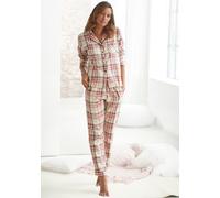 Pyjama H.I.S, Damen, Gr. 46, beige (creme, kariert), Flanell, Obermaterial: 100% Baumwolle, gemustert, kariert, Basic normal, V-Ausschnitt, Manschette kontrastfarben, Homewear-Sets Pyjama, aus Flanell