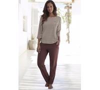 Pyjama H.I.S, Damen, Gr. 48/50, rot (bordeauc), Single Jersey, Obermaterial: 95% Baumwolle, 5% Elasthan, bestickt, gestreift, Basic, loose fit lang, Rundhals, Homewear-Sets Pyjama, mit Logostickerei a