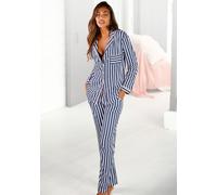 Pyjama H.I.S, Damen, Gr. 52/54, blau (dunkelblau, weiß, gestreift), Single Jersey, Obermaterial: 100% Baumwolle, bequem lang, V-Ausschnitt, eingesetzt,mit Paspel Manschette, Homewear-Sets Pyjama, in k