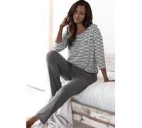 Pyjama H.I.S, Damen, Gr. 56/58, grau (anthrazit), Single Jersey, Obermaterial: 64% Baumwolle, 31% Polyester, 5% Elasthan. Obermaterial Hose: 60% Polyester, 35% Baumwolle, 5% Elasthan, bestickt, gestre