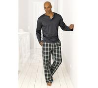 Pyjama H.I.S, Herren, Gr. 44/46, grau (grau, grün), Jersey, Obermaterial: 100% Baumwolle. Unterteil: 100% Baumwolle, kariert, Basic, lang, Rundhals, abgesteppte Kante, Homewear-Sets Pyjama, Schlafanzu